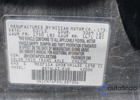 2013 Nissan Versa 1.6 Sl из США, поврежденный, VIN 3N1CN7AP2DL887356